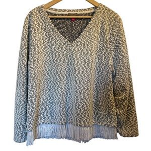 VINCE CAMUTO Black/White Fringe Popcorn Texture V-Neck 3/4 Sleeve Sweater Large